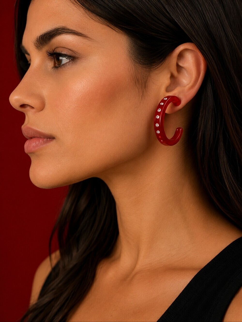Vtg Red Rhinestone Acrylic Hoop Earrings